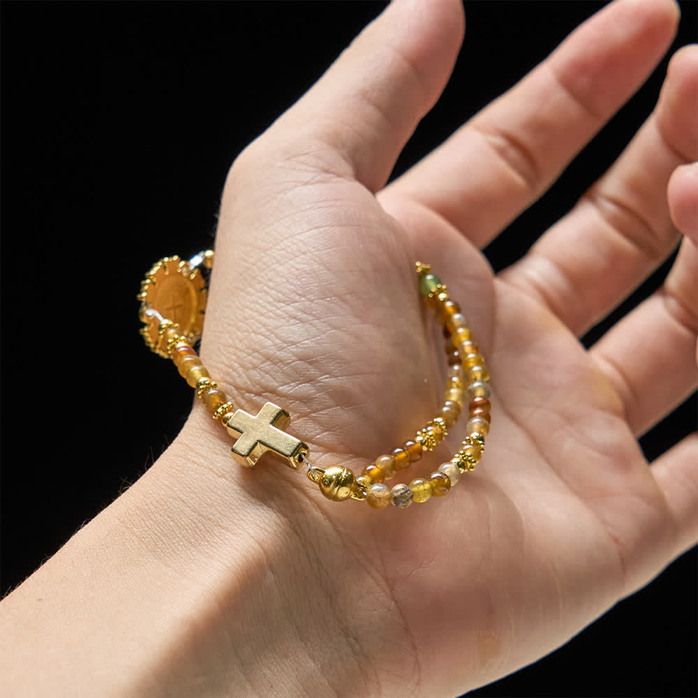 Christianartworkshop Bracelet chapelet magnétique en agate à veines de dragon avec saint Benoît doré - image 1