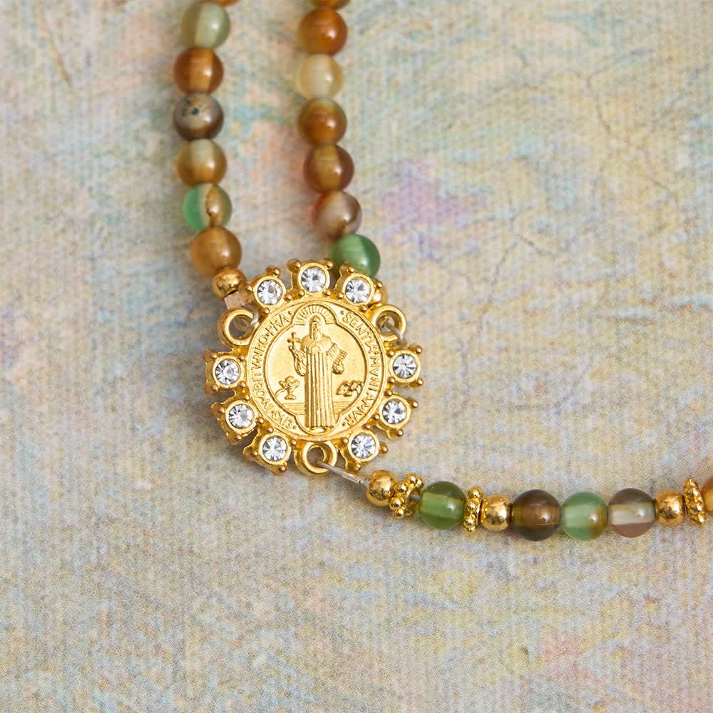 Christianartworkshop Bracelet chapelet magnétique en agate à veines de dragon avec saint Benoît doré - image 12