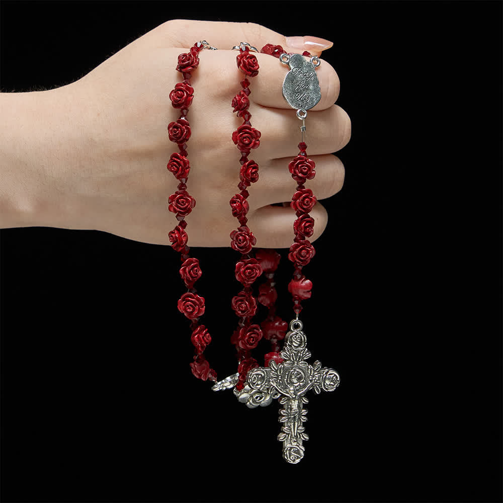 Christianartworkshop Chapelet de perles de roses rouge vin cinabre avec centre de table Sainte Famille - Sainte Famille et crucifix - image 0