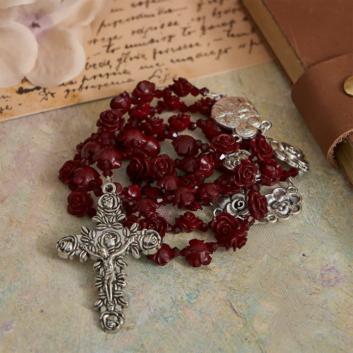 Christianartworkshop Chapelet de perles de roses rouge vin cinabre avec centre de table Sainte Famille - image 4