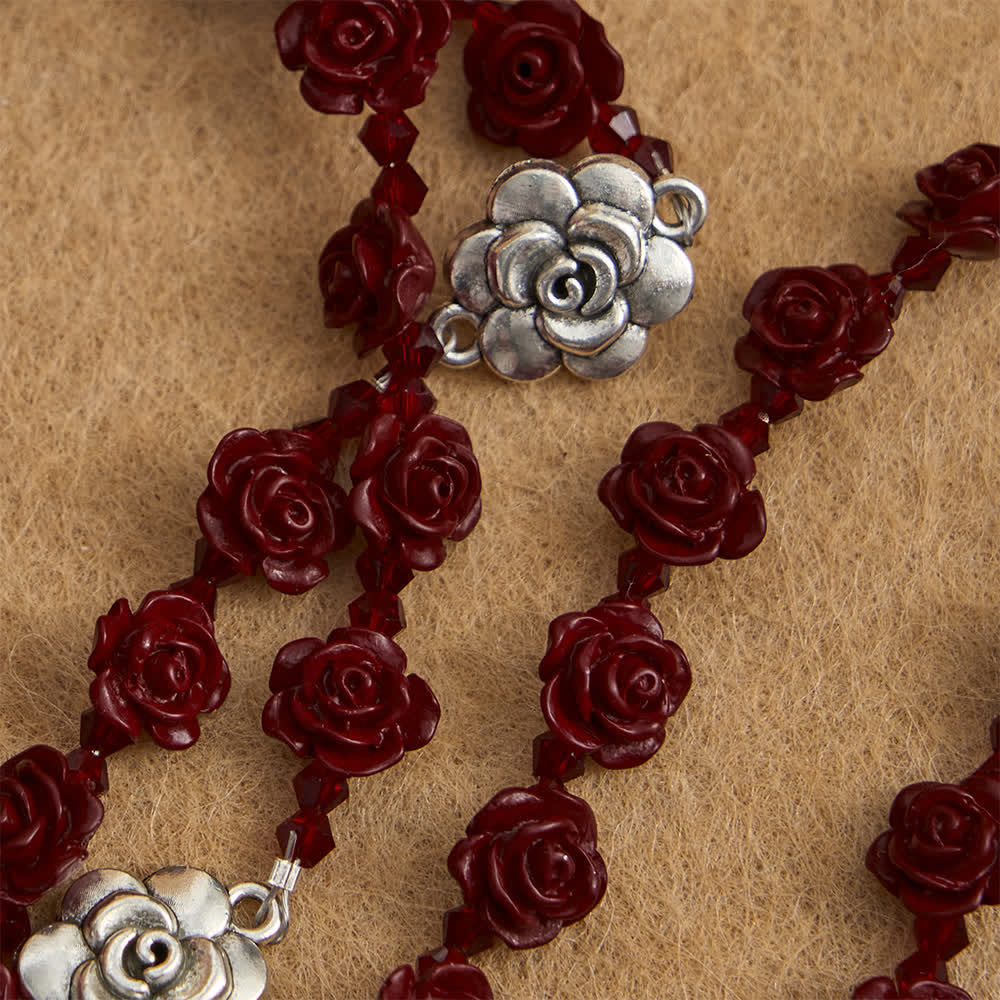 Christianartworkshop Chapelet de perles de roses rouge vin cinabre avec centre de table Sainte Famille - image 5