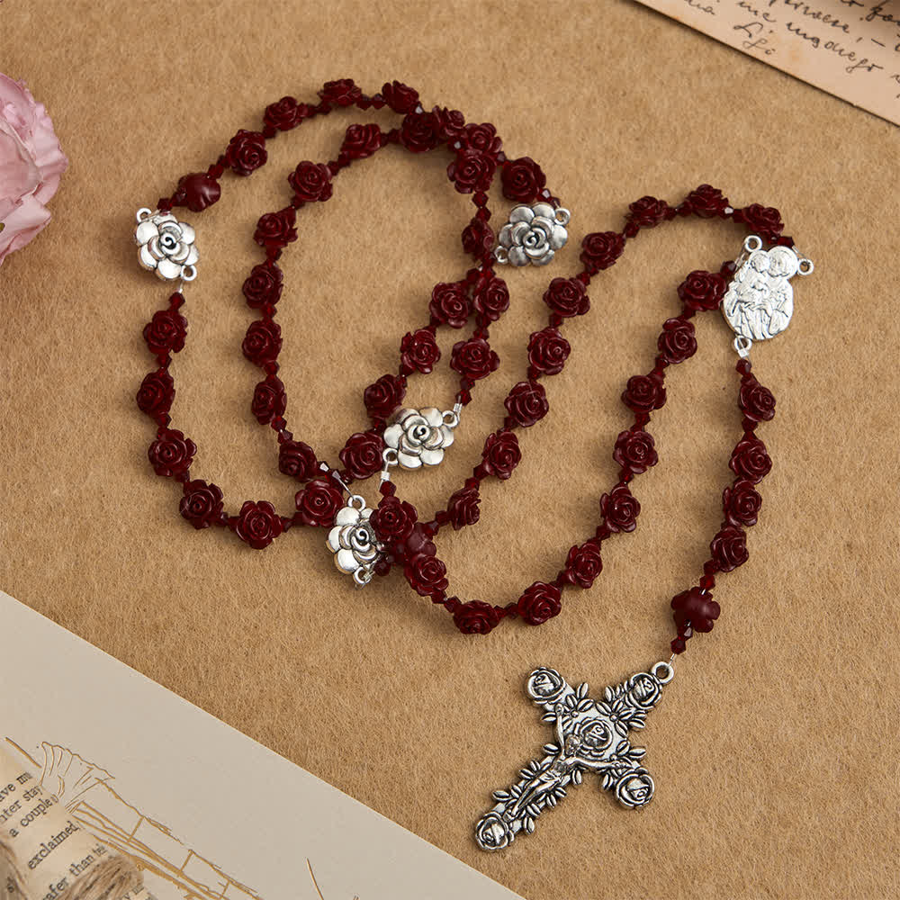 Christianartworkshop Chapelet de perles de roses rouge vin cinabre avec centre de table Sainte Famille - image 3