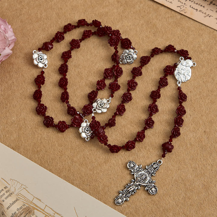 Christianartworkshop Chapelet de perles de roses rouge vin cinabre avec centre de table Sainte Famille - image 3
