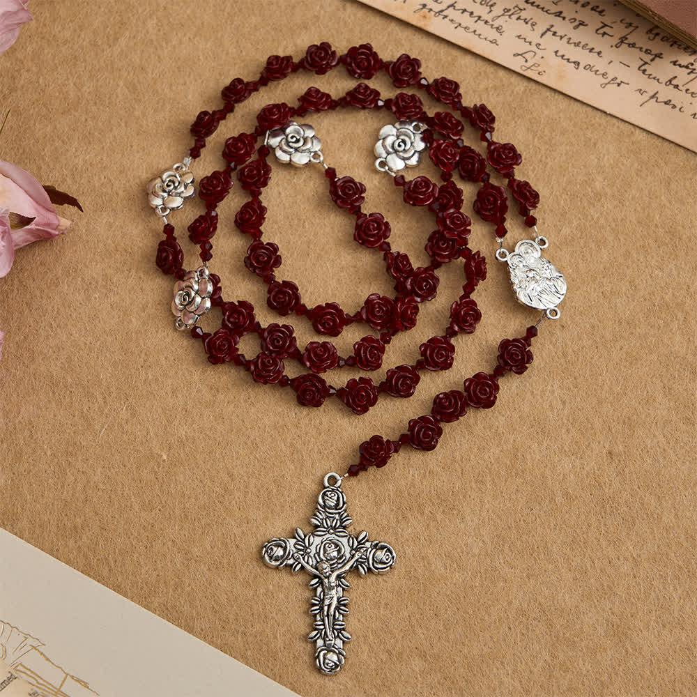 Christianartworkshop Chapelet de perles de roses rouge vin cinabre avec centre de table Sainte Famille - image 1