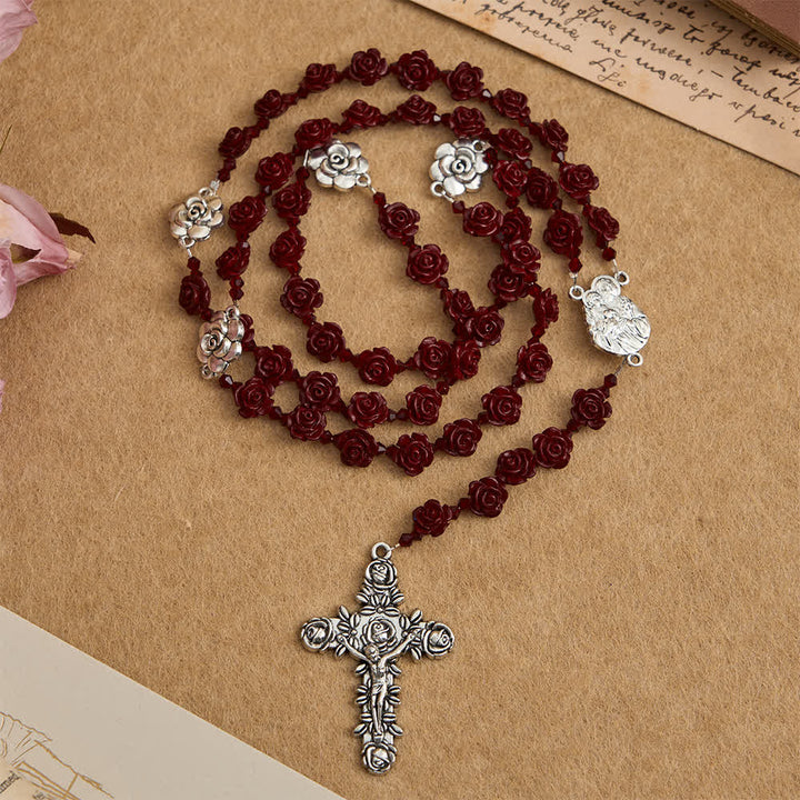Christianartworkshop Chapelet de perles de roses rouge vin cinabre avec centre de table Sainte Famille - image 1