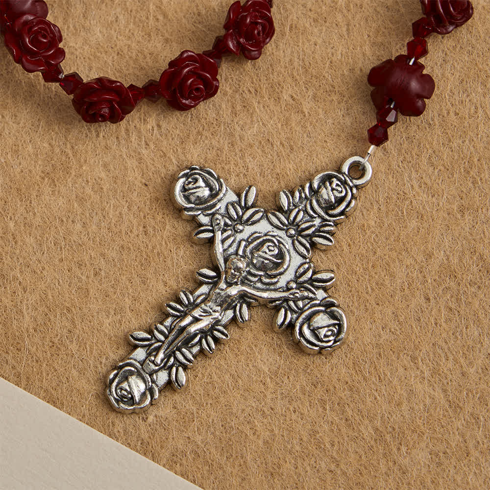 Christianartworkshop Chapelet de perles de roses rouge vin cinabre avec centre de table Sainte Famille - image 7