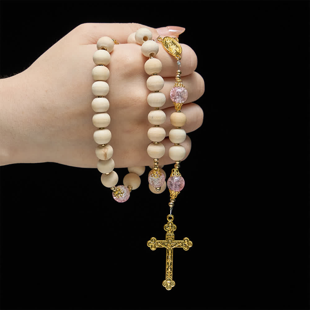 Christianartworkshop Chapelet en bois naturel et verre rose craquelé avec pendentif Notre-Dame - image 1