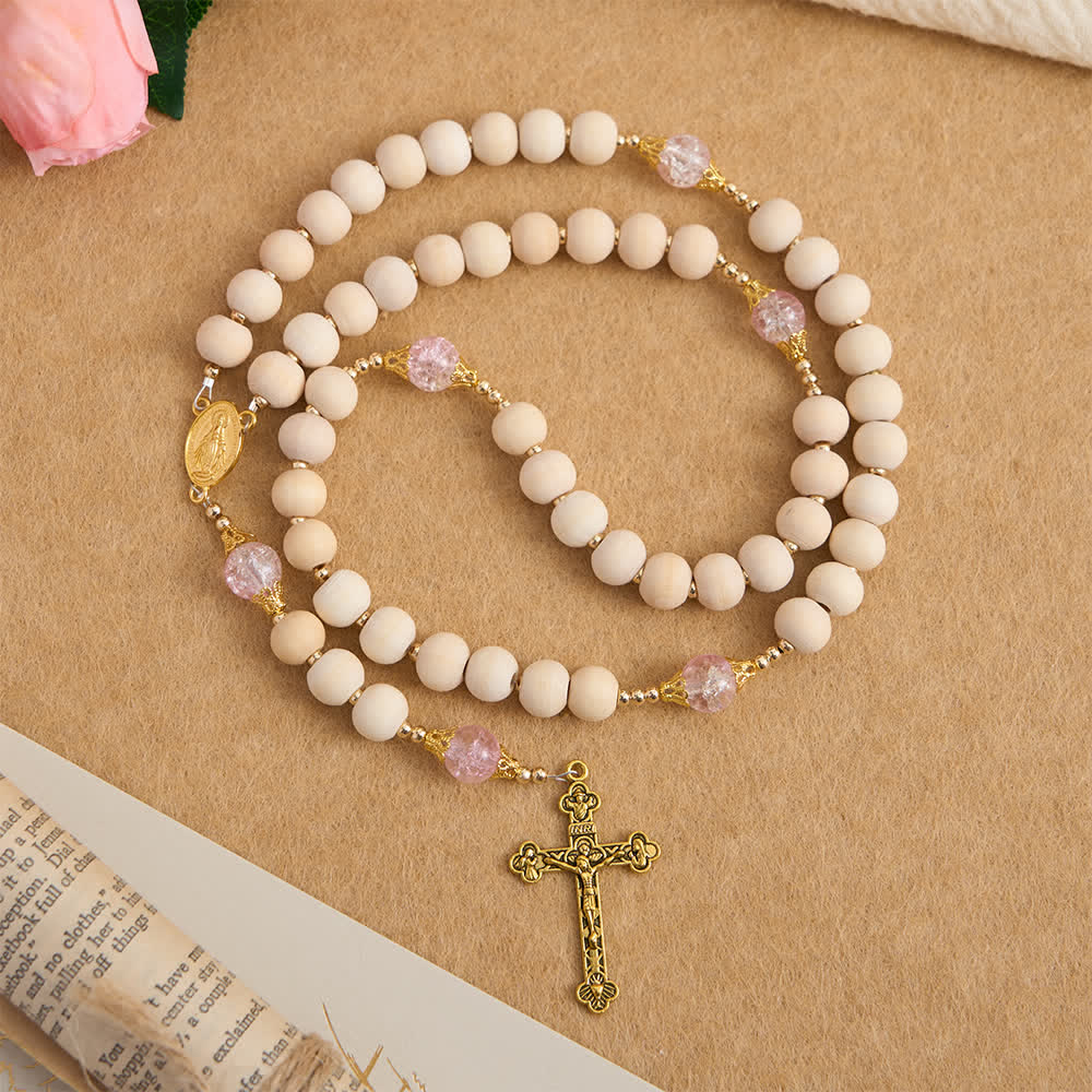 Christianartworkshop Chapelet en bois naturel et verre rose craquelé avec pendentif Notre-Dame - Notre-Dame et le Crucifix - image 0