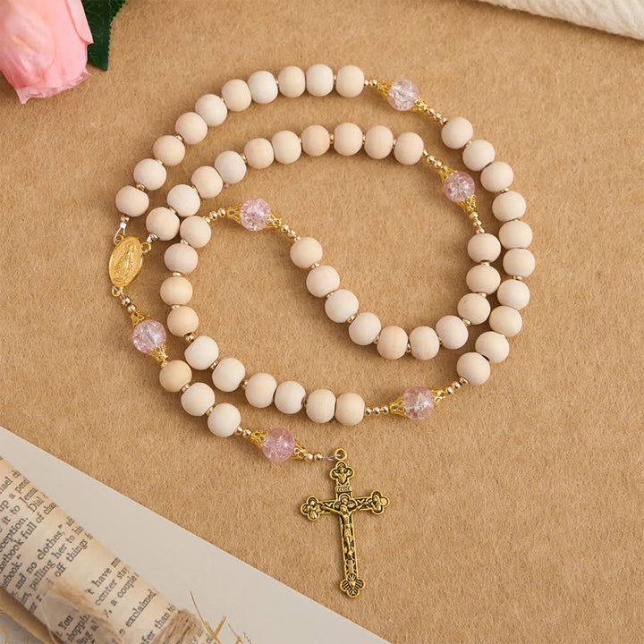 Christianartworkshop Chapelet en bois naturel et verre rose craquelé avec pendentif Notre-Dame - Notre-Dame et le Crucifix - image 0
