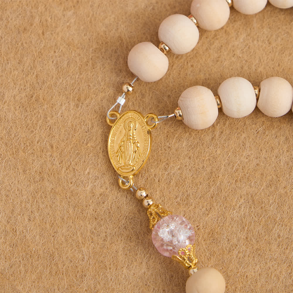 Christianartworkshop Chapelet en bois naturel et verre rose craquelé avec pendentif Notre-Dame - image 6
