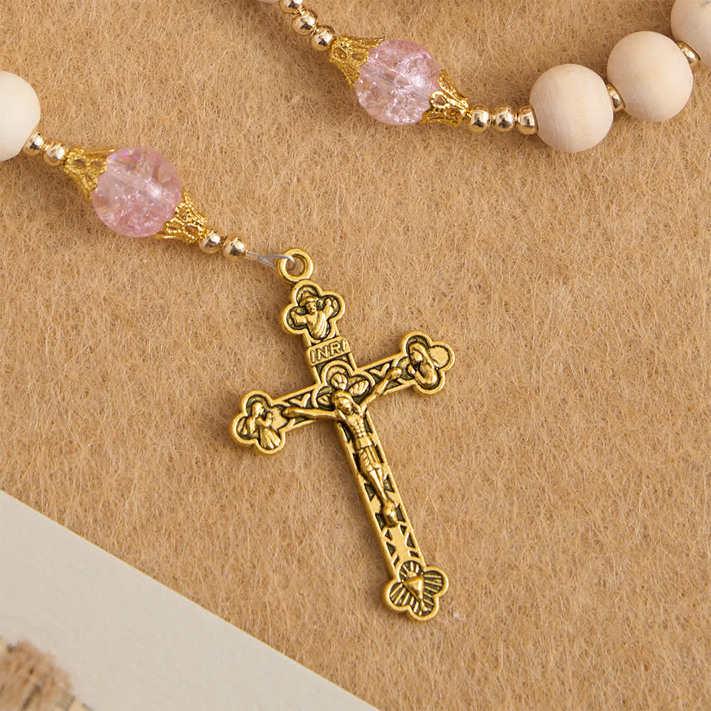 Christianartworkshop Chapelet en bois naturel et verre rose craquelé avec pendentif Notre-Dame - image 7
