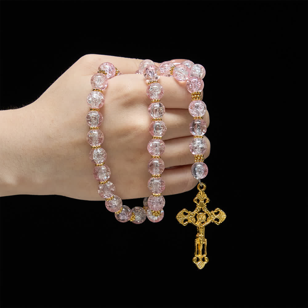Christianartworkshop Chapelet en verre craquelé rose et blanc avec crucifix orné - image 1