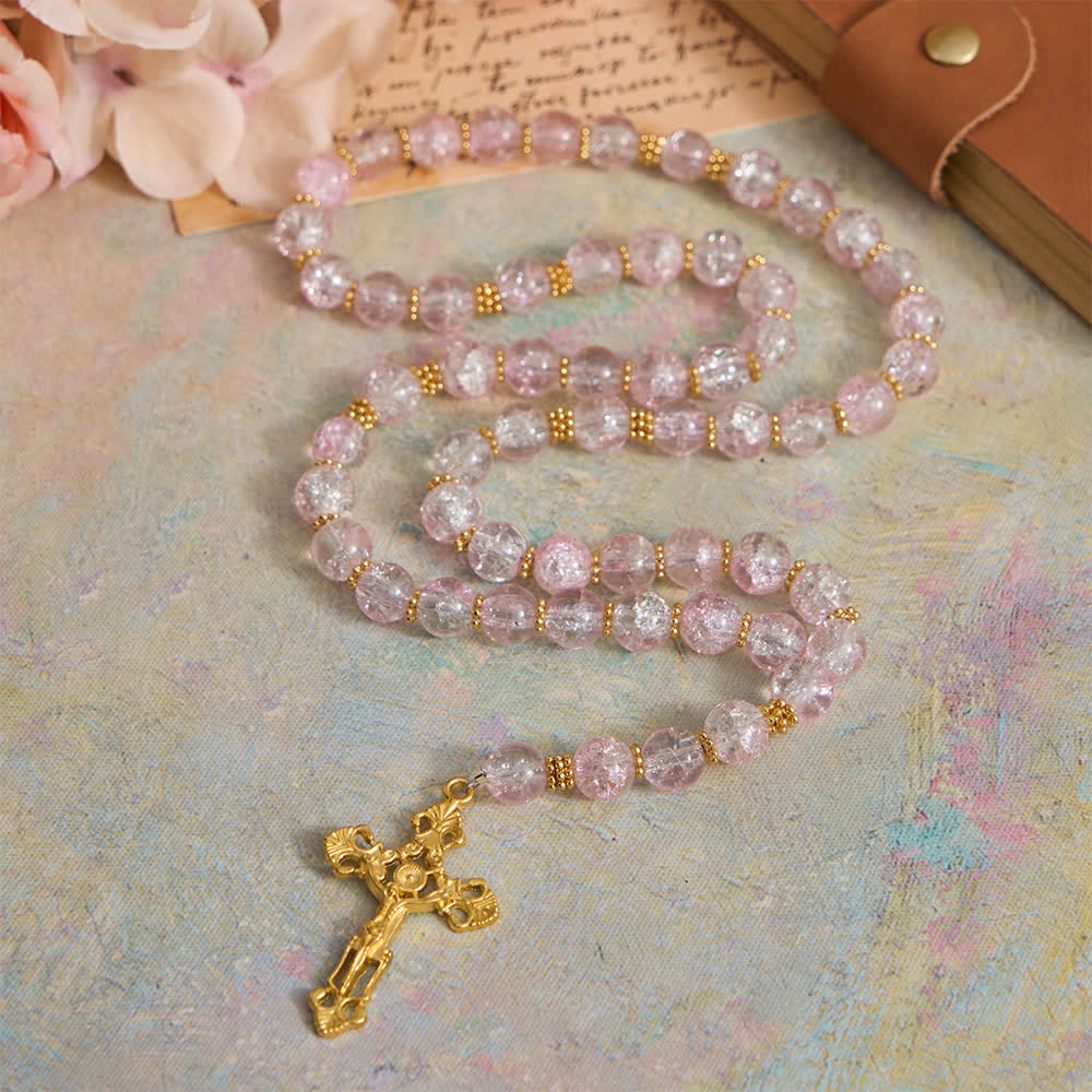 Christianartworkshop Chapelet en verre craquelé rose et blanc avec crucifix orné - image 3