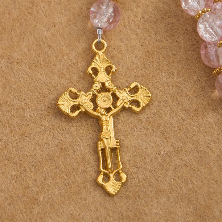 Christianartworkshop Chapelet en verre craquelé rose et blanc avec crucifix orné - image 14