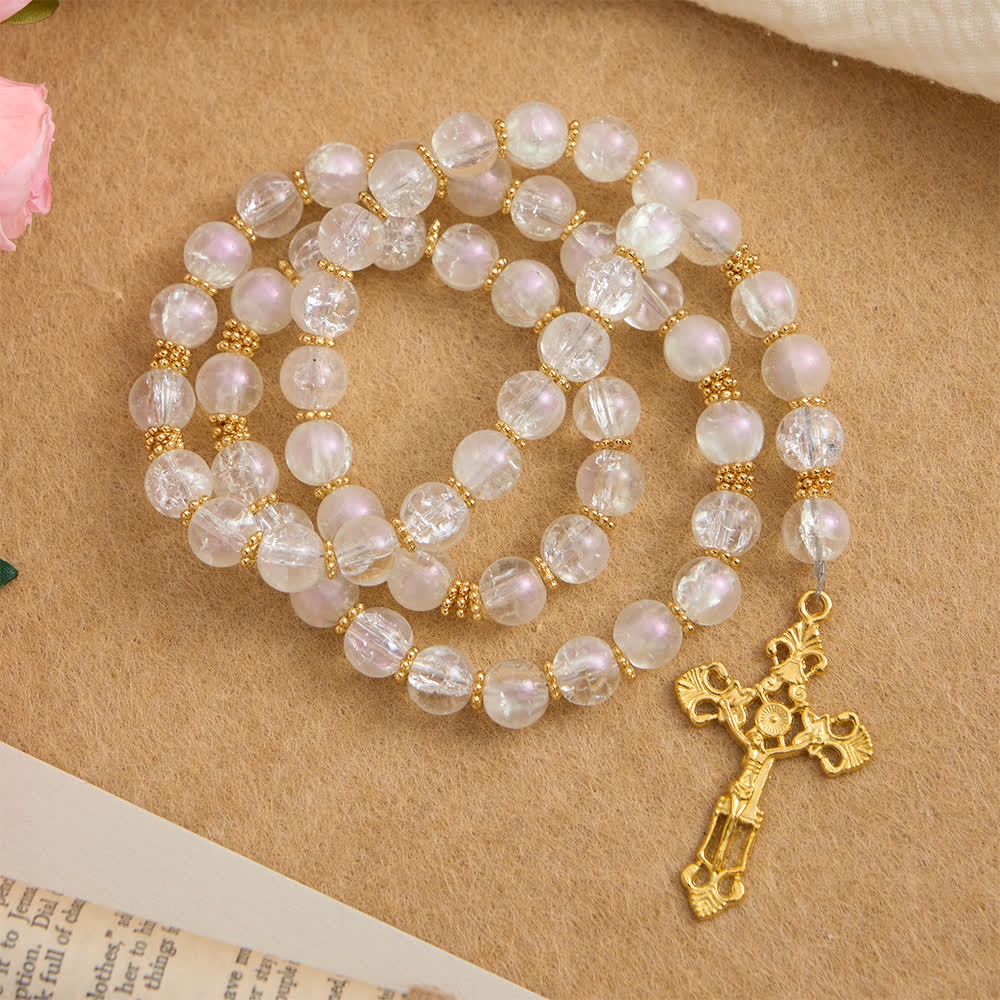 Christianartworkshop Chapelet en verre craquelé rose et blanc avec crucifix orné - Blanc - image 7