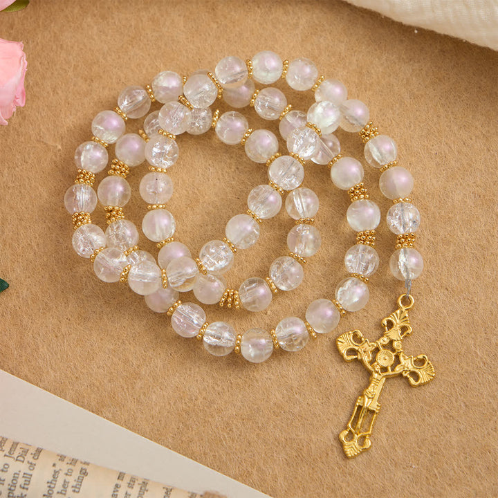 Christianartworkshop Chapelet en verre craquelé rose et blanc avec crucifix orné - Blanc - image 7