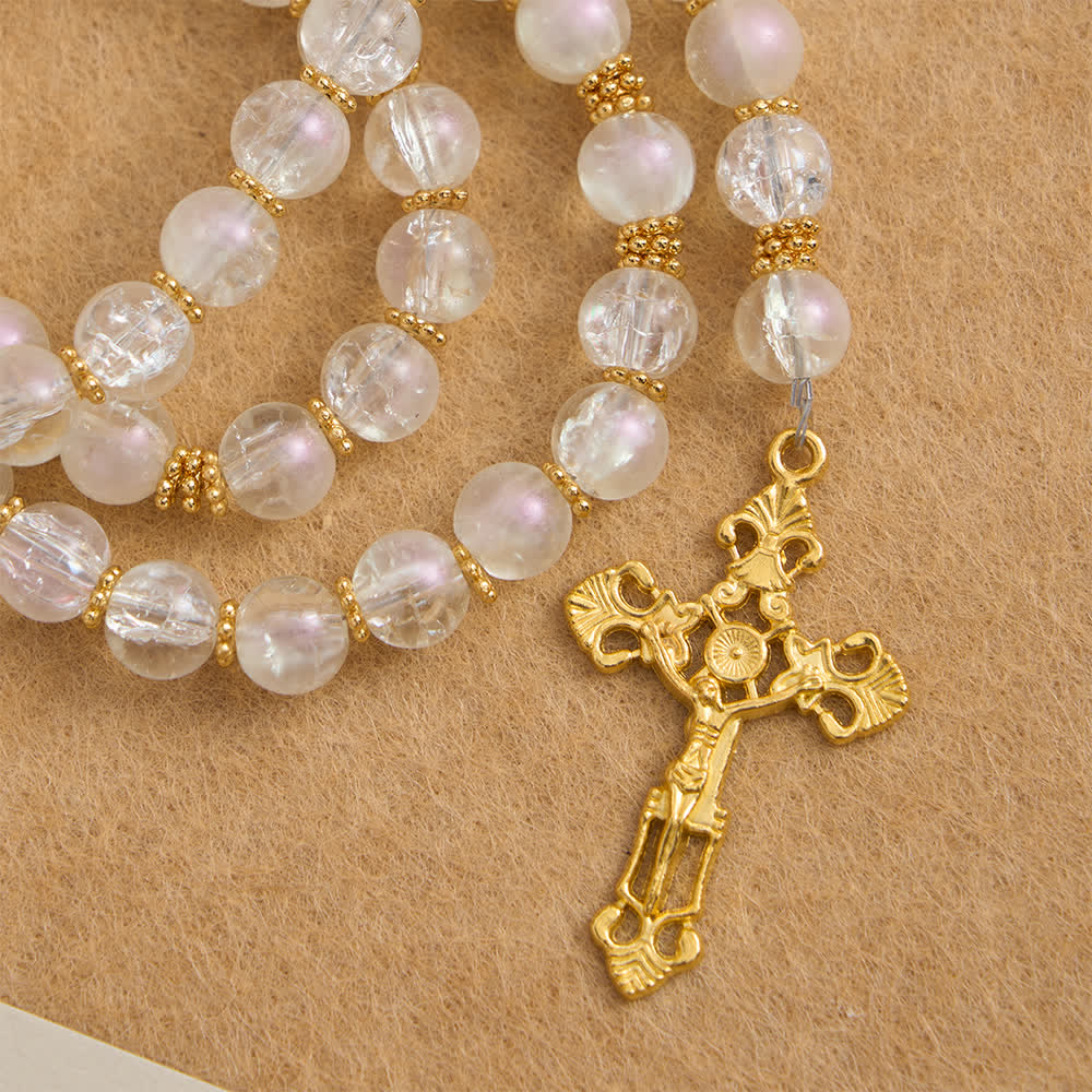 Christianartworkshop Chapelet en verre craquelé rose et blanc avec crucifix orné - image 13