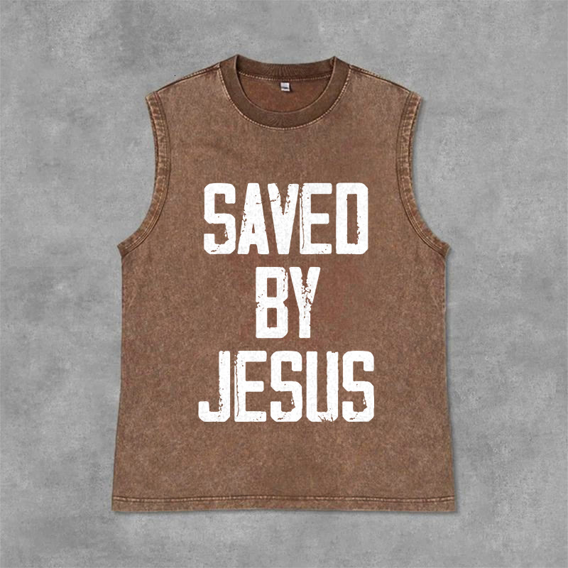 Christianartworkshop Débardeur unisexe lavé « Sauvé par Jésus » - Brun - 2XL - image 1
