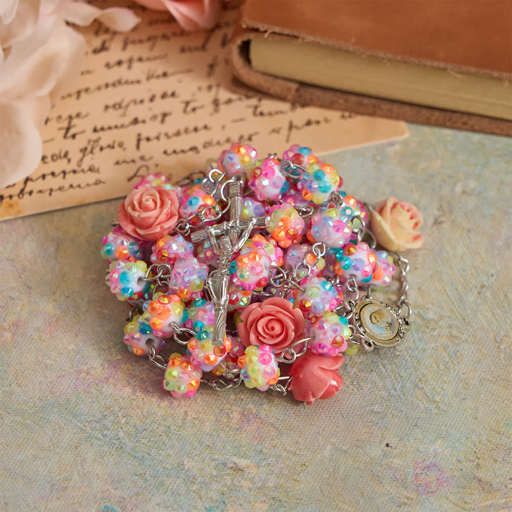 Chapelet de Pâques Christianartworkshop rose et perles de diamant multicolores scintillantes avec la Miséricorde Divine - Miséricorde divine et crucifix - image 0
