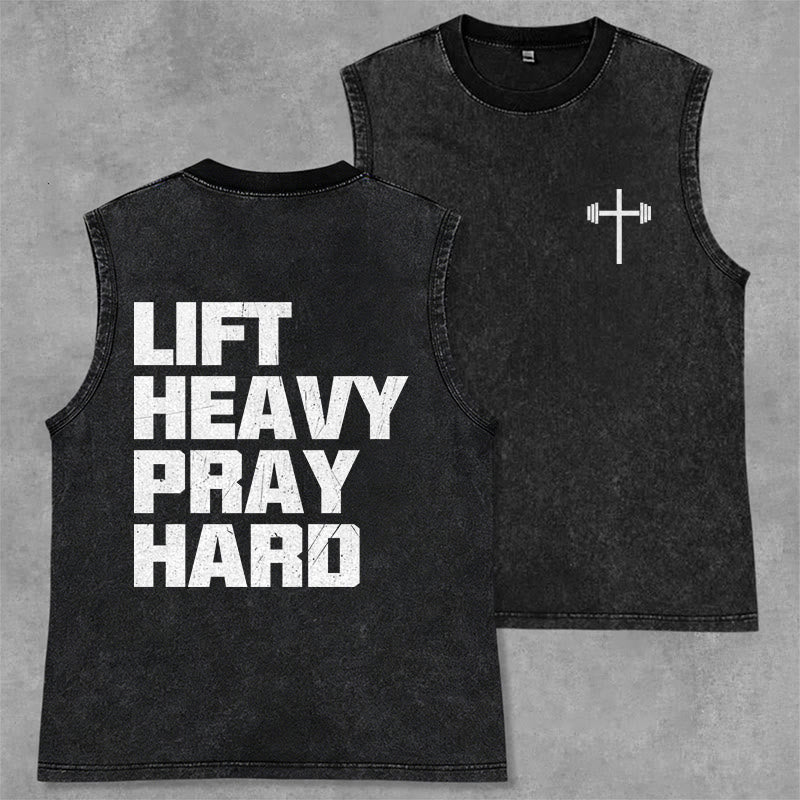 Christianartworkshop Débardeur unisexe lavé « Soulevez lourd, priez fort » - Noir - 2XL - image 1