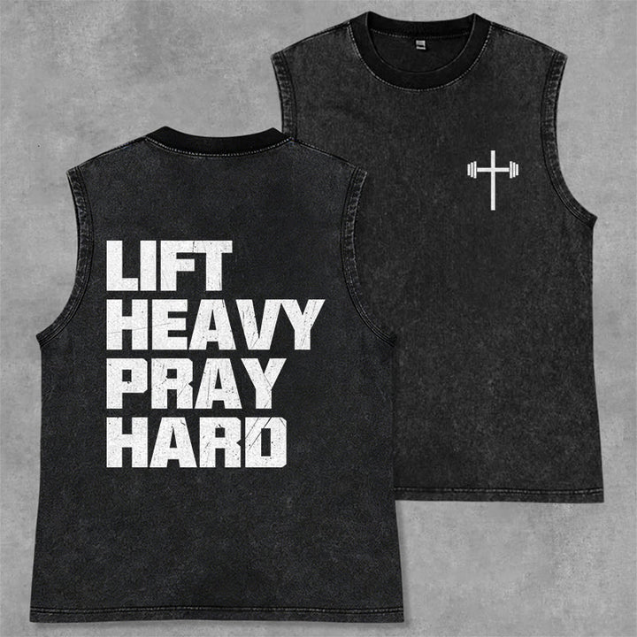 Christianartworkshop Débardeur unisexe lavé « Soulevez lourd, priez fort » - Noir - 2XL - image 1