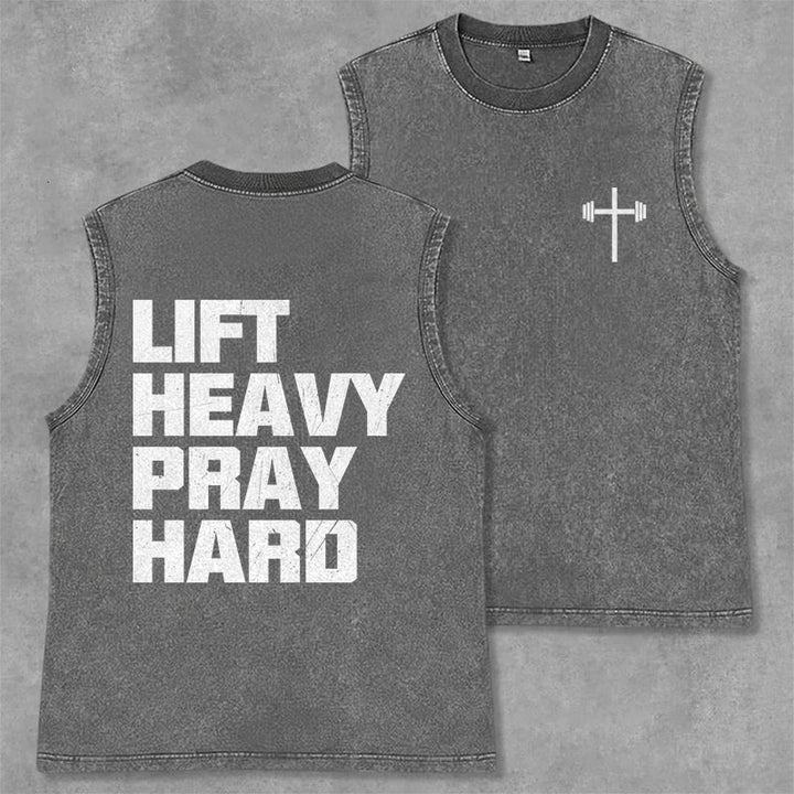 Christianartworkshop Débardeur unisexe lavé « Soulevez lourd, priez fort » - Gris - 2XL - image 15