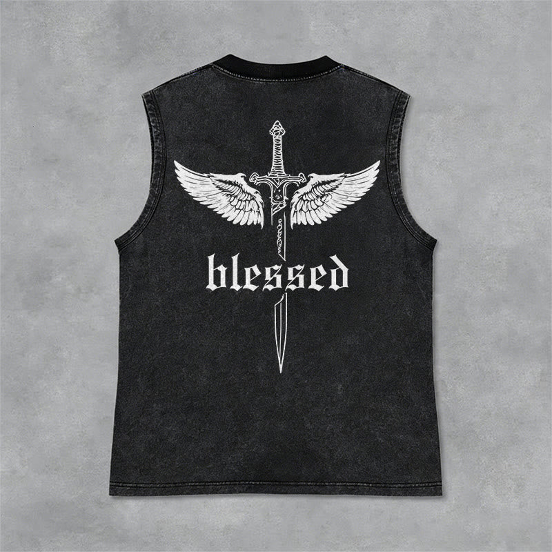 Christianartworkshop Débardeur unisexe lavé Blessed Sword Wings - Noir - 2XL - image 0