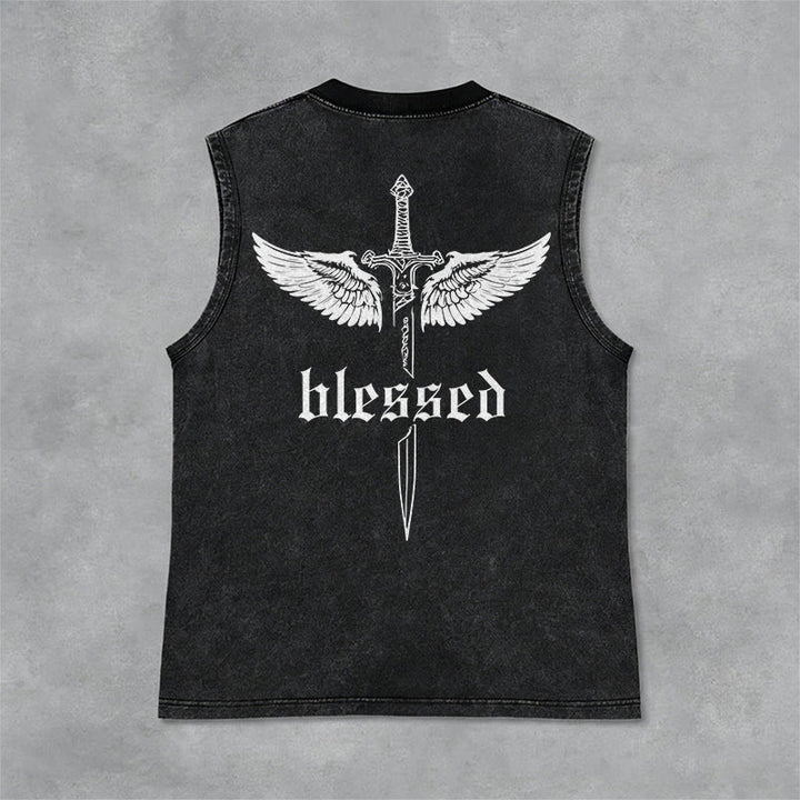 Christianartworkshop Débardeur unisexe lavé Blessed Sword Wings - Noir - 2XL - image 0