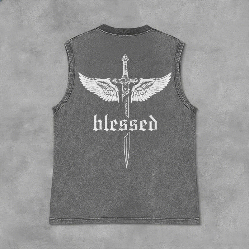 Christianartworkshop Débardeur unisexe lavé Blessed Sword Wings - Gris - 2XL - image 9