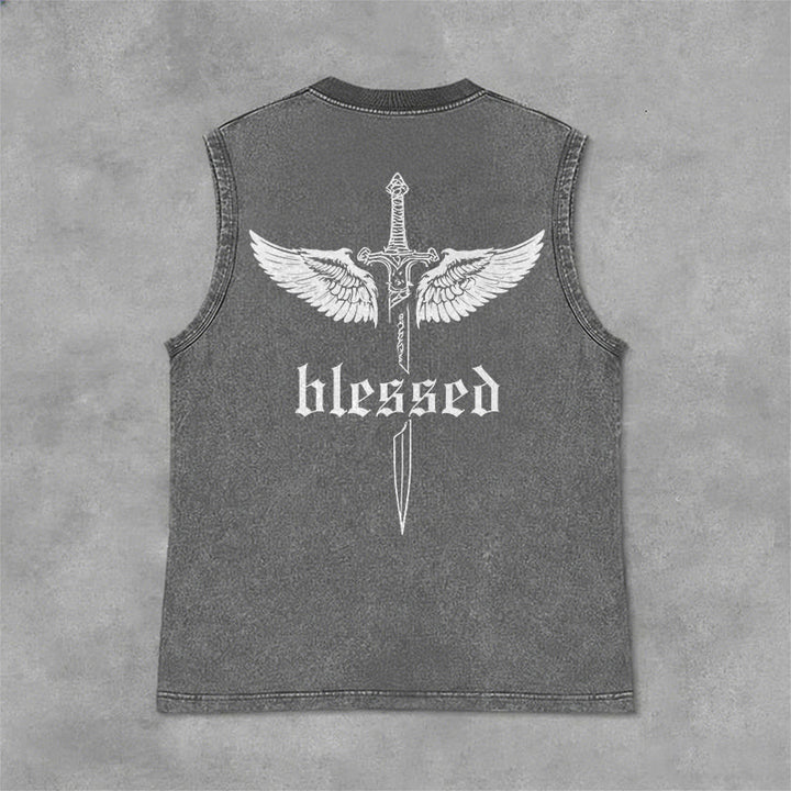 Christianartworkshop Débardeur unisexe lavé Blessed Sword Wings - Gris - 2XL - image 9