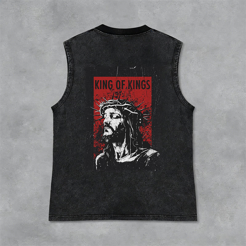 Christianartworkshop Débardeur unisexe délavé « Roi des rois Jésus » - Noir - 2XL - image 0
