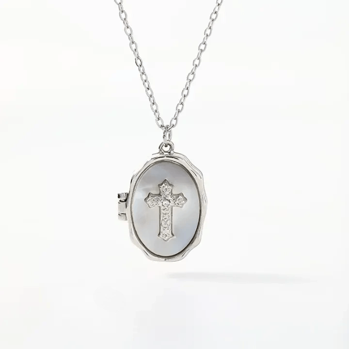 Christianartworkshop Collier médaillon croix ouvrable avec incrustation de nacre : un rappel de l'amour divin - Argent - image 6