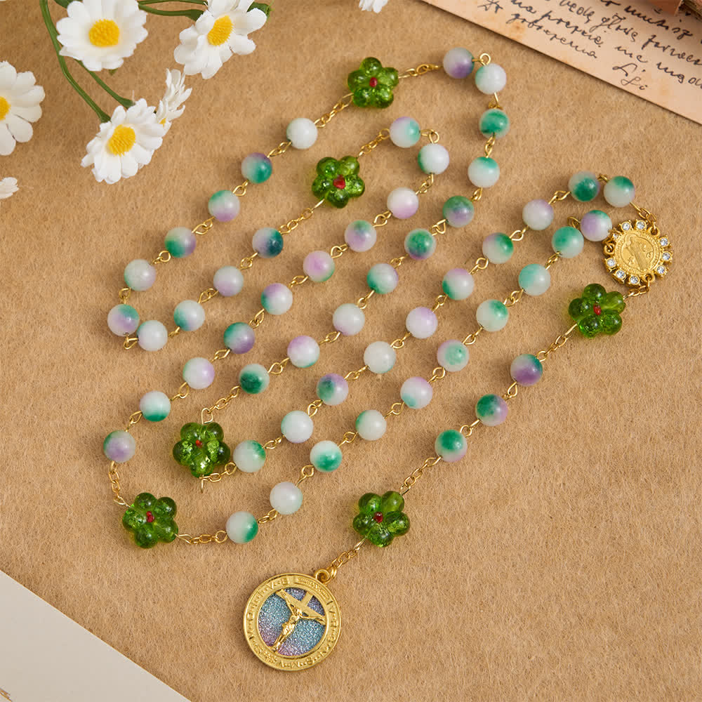 Christianartworkshop Chapelet de Saint Benoît en perles de calcédoine violette avec fleur verte et crucifix étincelant - image 4