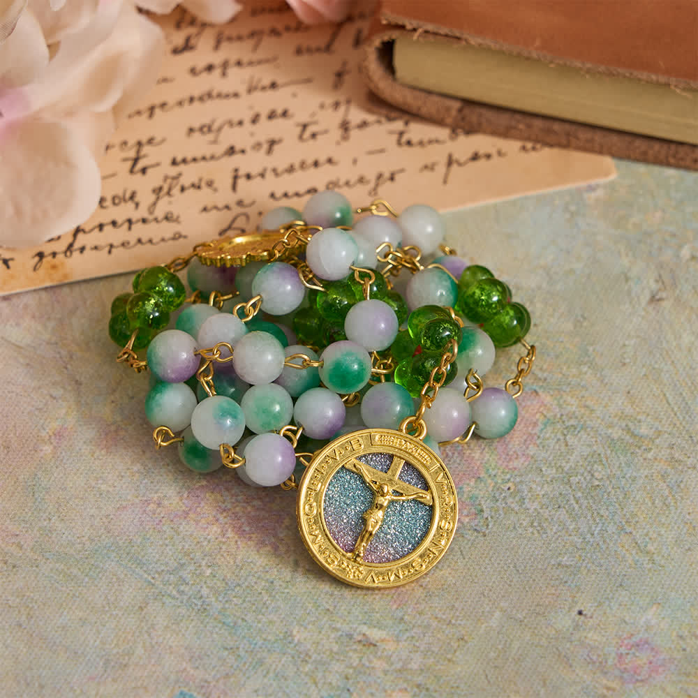 Christianartworkshop Chapelet de Saint Benoît en perles de calcédoine violette avec fleur verte et crucifix étincelant - image 2
