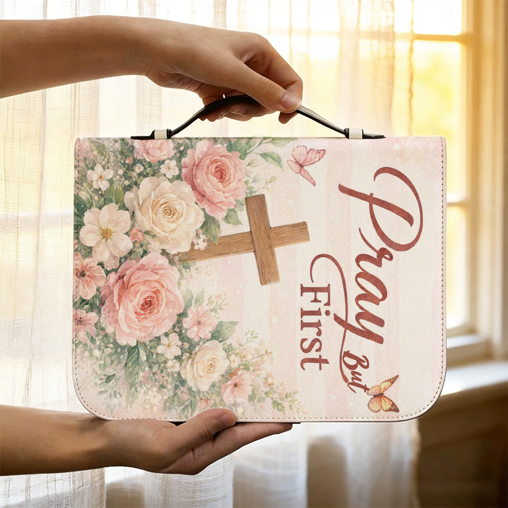 Christianartworkshop Couverture de Bible zippée « Priez d'abord » à motif floral doux et croix, avec motif floral et croix. - image 5