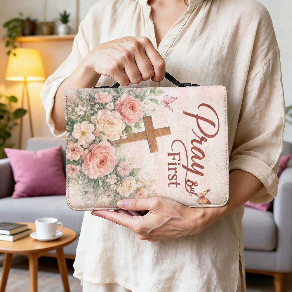 Christianartworkshop Couverture de Bible zippée « Priez d'abord » à motif floral doux et croix, avec motif floral et croix. - image 4