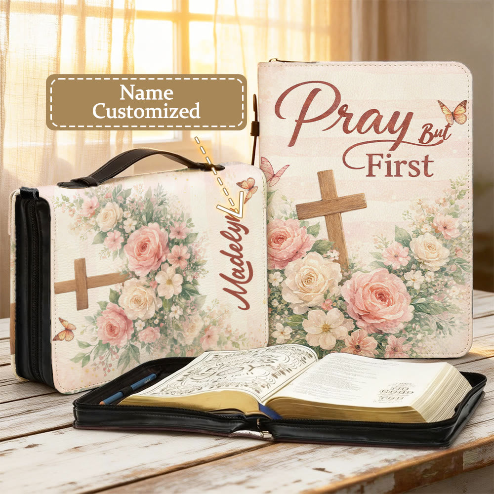 Christianartworkshop Couverture de Bible zippée « Priez d'abord » à motif floral doux et croix, avec motif floral et croix. - 2XL - Nom personnalisé - image 0