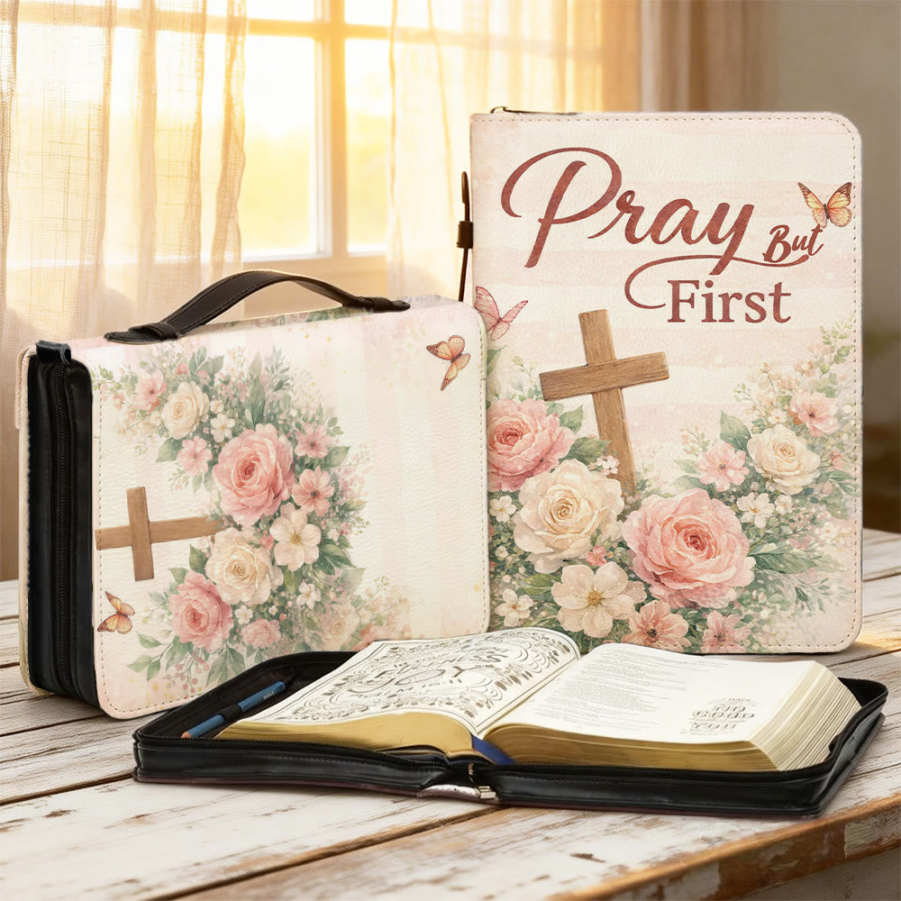 Christianartworkshop Couverture de Bible zippée « Priez d'abord » à motif floral doux et croix, avec motif floral et croix. - 2XL - Standard (sans personnalisation) - image 1