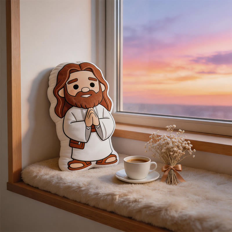 Christianartworkshop Coussin en peluche en forme de Jésus en prière, motif dessin animé mignon : décoration d'intérieur fantaisiste inspirée par la foi - image 1
