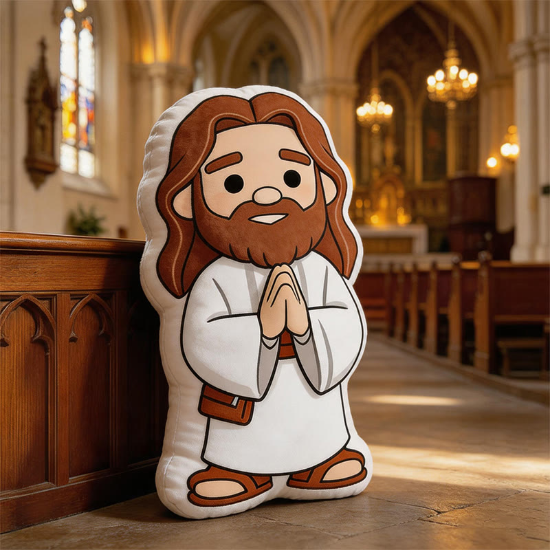 Christianartworkshop Coussin en peluche en forme de Jésus en prière, motif dessin animé mignon : décoration d'intérieur fantaisiste inspirée par la foi - image 4