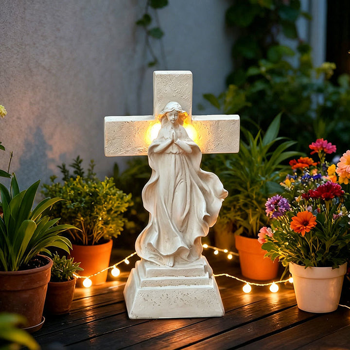 Christianartworkshop Statue de jardin lumineuse solaire de la Vierge Marie et de la croix : un symbole de la grâce mariale et de la lumière divine - Vierge Marie et Croix - image 0