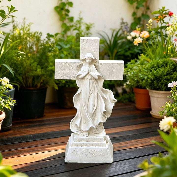 Christianartworkshop Statue de jardin lumineuse solaire de la Vierge Marie et de la croix : un symbole de la grâce mariale et de la lumière divine - image 3