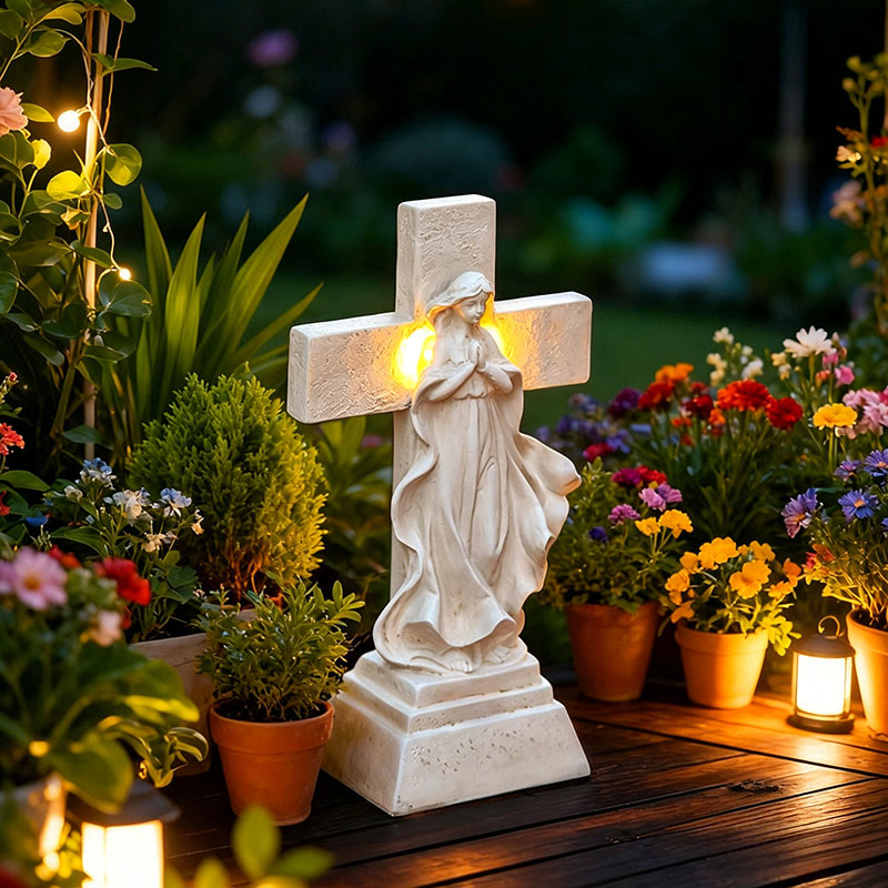 Christianartworkshop Statue de jardin lumineuse solaire de la Vierge Marie et de la croix : un symbole de la grâce mariale et de la lumière divine - image 2