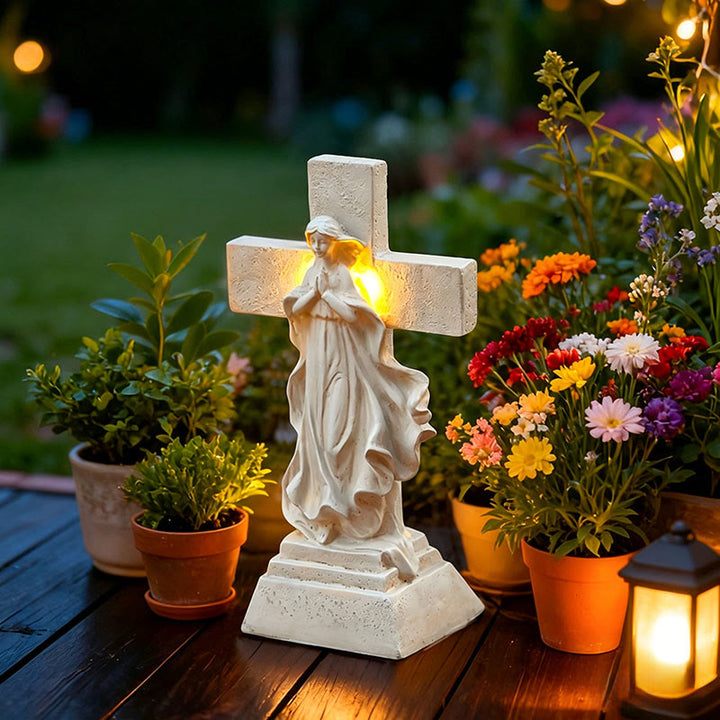 Christianartworkshop Statue de jardin lumineuse solaire de la Vierge Marie et de la croix : un symbole de la grâce mariale et de la lumière divine - image 1