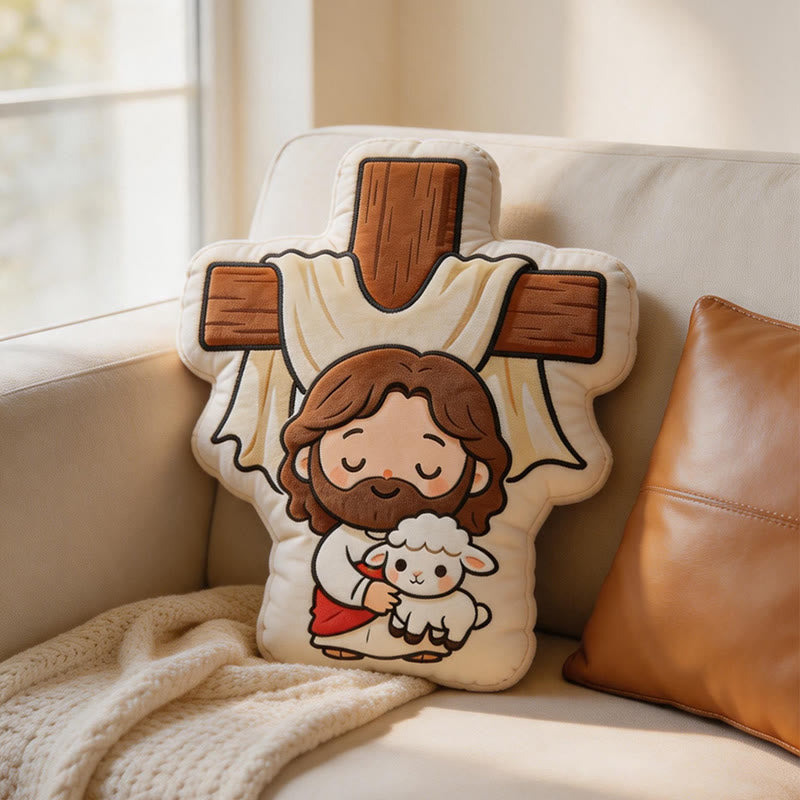 Christianartworkshop Coussin en peluche mignon en forme de croix représentant Jésus et un agneau : Décoration intérieure chaleureuse inspirée par la foi - image 5