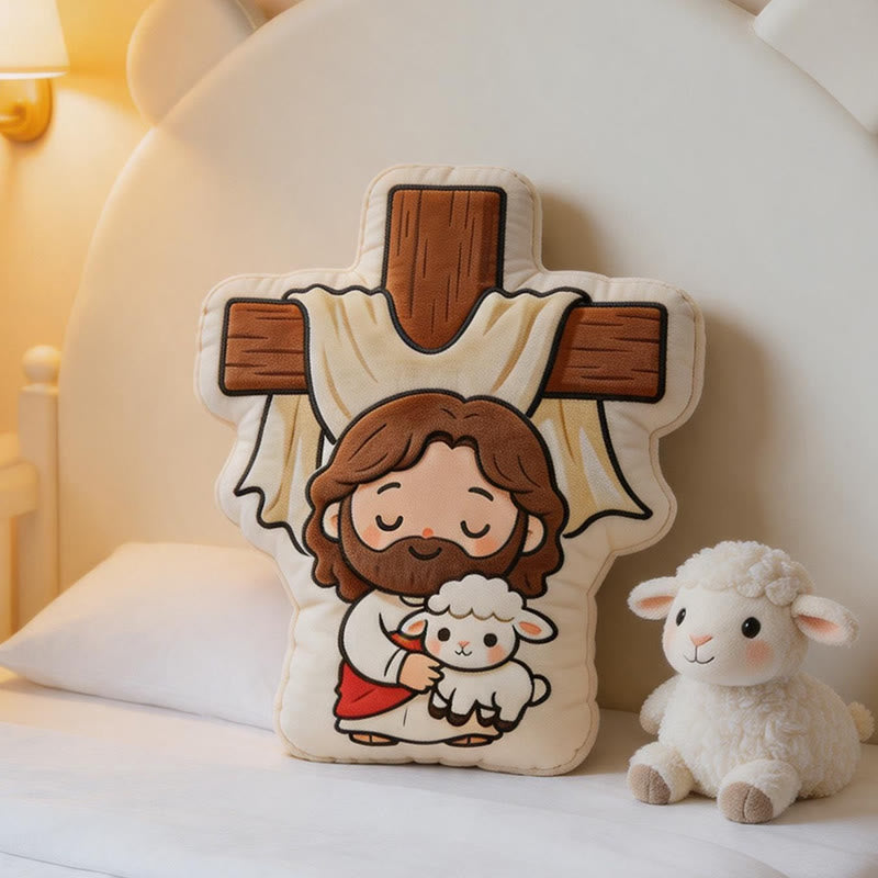 Christianartworkshop Coussin en peluche mignon en forme de croix représentant Jésus et un agneau : Décoration intérieure chaleureuse inspirée par la foi - image 2