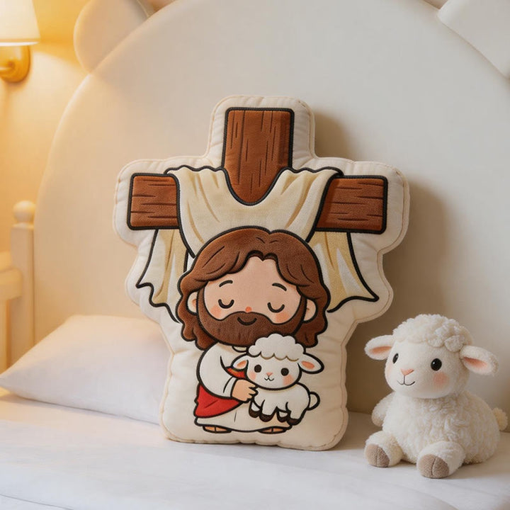 Christianartworkshop Coussin en peluche mignon en forme de croix représentant Jésus et un agneau : Décoration intérieure chaleureuse inspirée par la foi - image 2