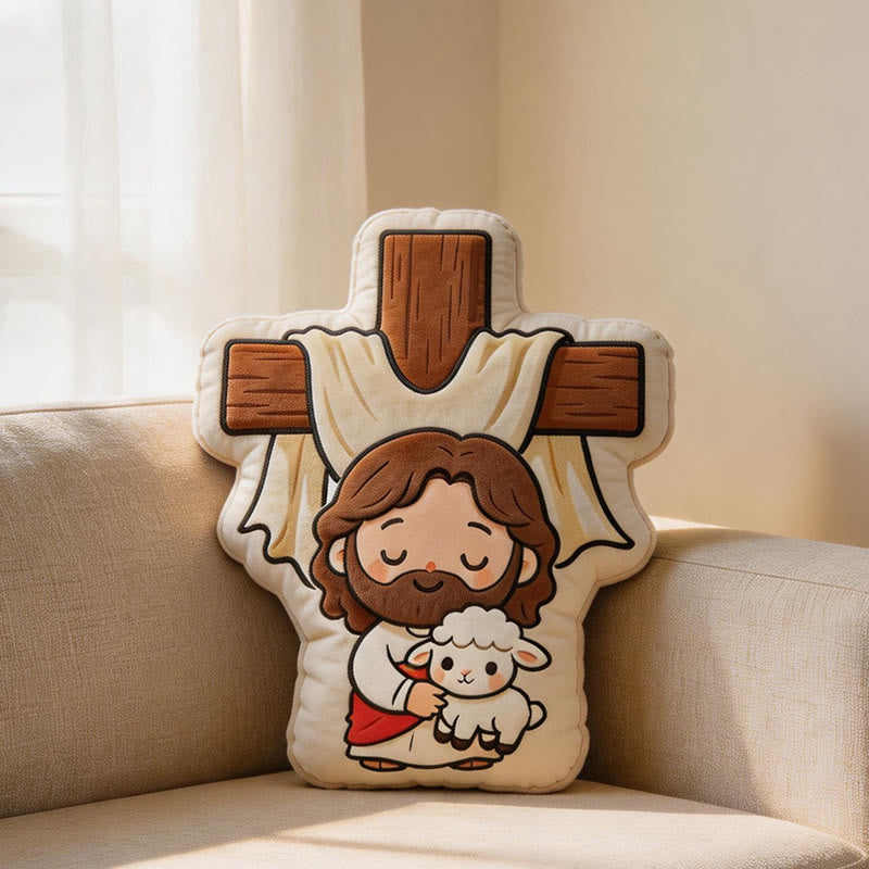 Christianartworkshop Coussin en peluche mignon en forme de croix représentant Jésus et un agneau : Décoration intérieure chaleureuse inspirée par la foi - 24" (60 cm) - image 0