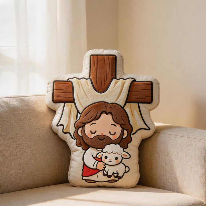 Christianartworkshop Coussin en peluche mignon en forme de croix représentant Jésus et un agneau : Décoration intérieure chaleureuse inspirée par la foi - 24" (60 cm) - image 0