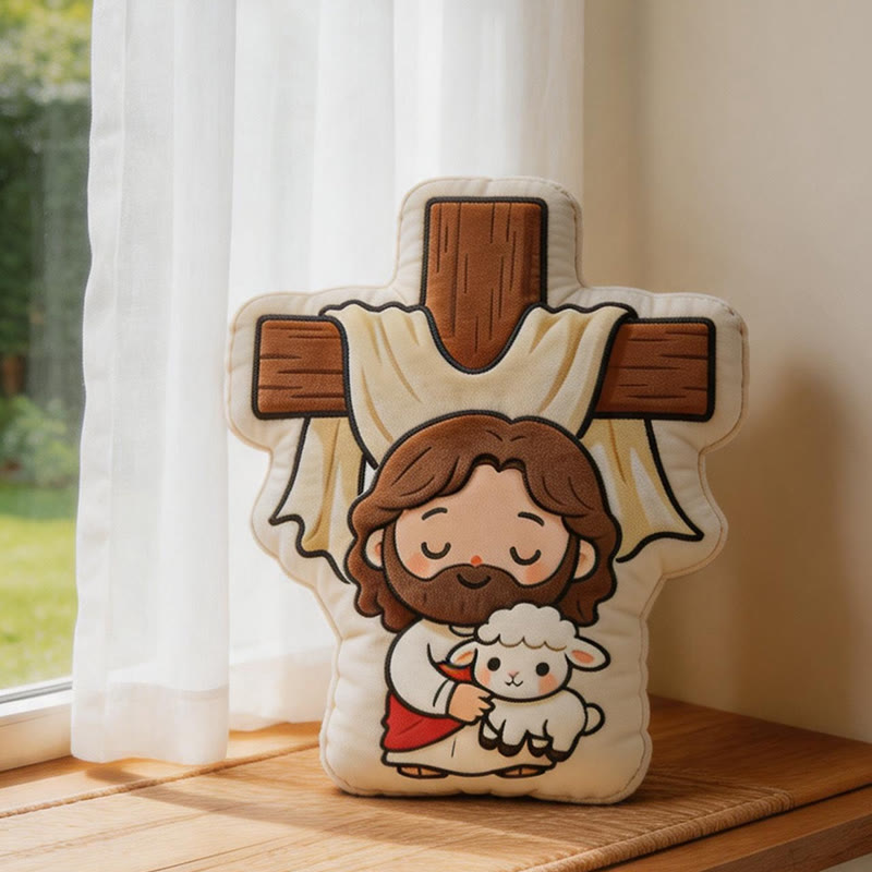 Christianartworkshop Coussin en peluche mignon en forme de croix représentant Jésus et un agneau : Décoration intérieure chaleureuse inspirée par la foi - image 1